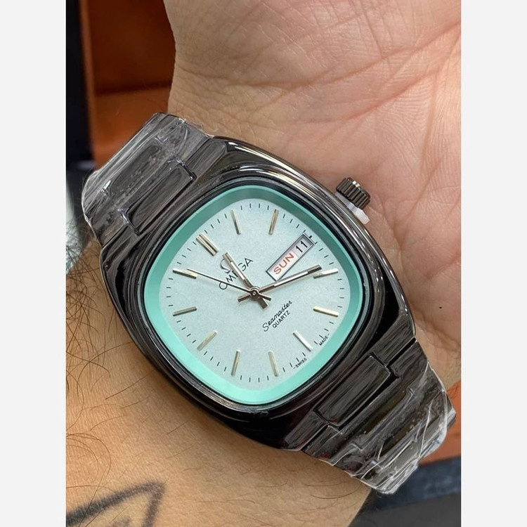 OMEGA CLASSIC #فلزی موتور ژاپن #دوتقویم روزشمار و ایام هفته بند استیل رنگ ثابت سایز کلاسیک ضدآب