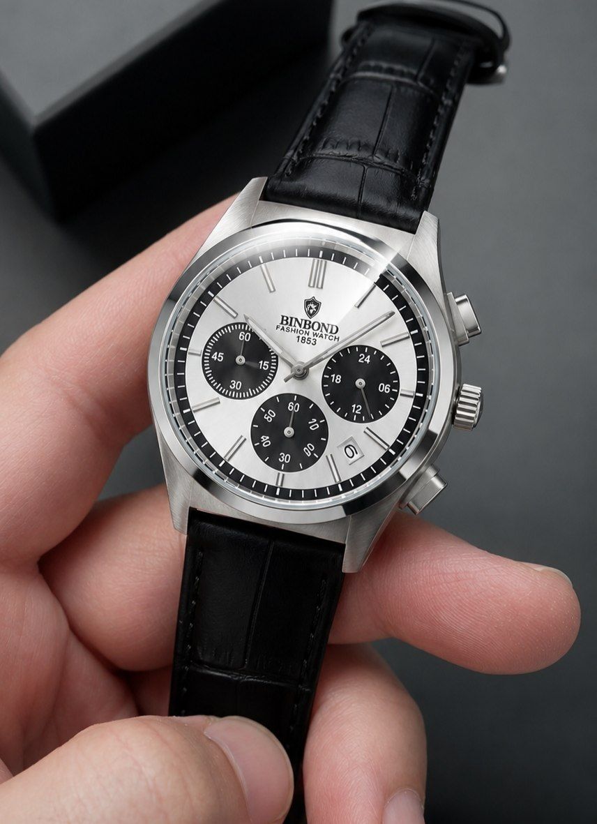 ☑️BIN BOND   《highe quality》       🫆Original watch      ⌚️  بین باند مدلی نو  مناسب آقایان   مقاوم دربرابر آب برندشرکتی اوریجینال  کرنوگراف  کارت گارانتی  دارای روز شمار  ضخامت ۱۱میل  قطر صفحه ۴۳میل بند چرمی شیشه سافایر  شب نما قفل کمربندی موتور