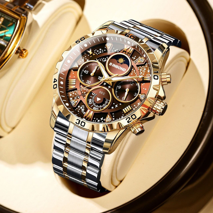 ☑️BIN BOND VIP Original watch 《highe quality》 بین باند الماسی نو نمایش روز ماه صفحه کهکشانی شب نما برند شرکتی دارای روز شمار کرنوگراف بندفولادی ضد زنگ مقاوم دربرابر آب رنگ ثابت قفل کلیپسی موتور کوارتز شرکتی خاص وجذاب